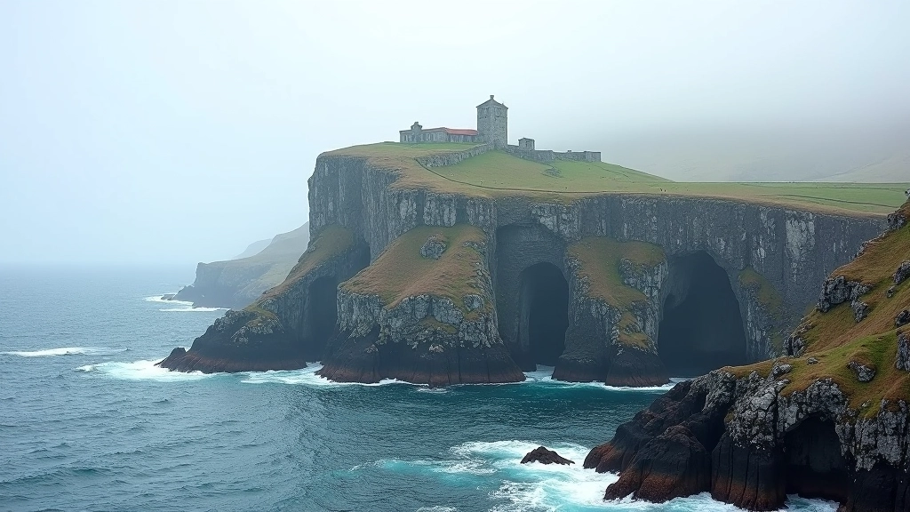 Dramatic rocky island with ancient stone structures rising from Atlantic Ocean