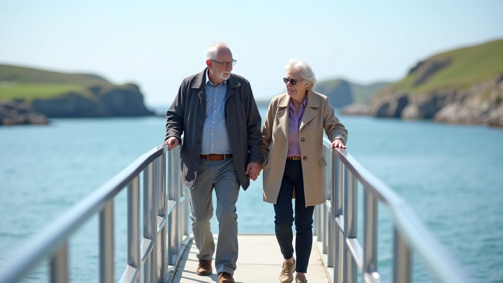 Elderly couple walking up accessible ramp onto modern ferry boat with handrails and clear signage