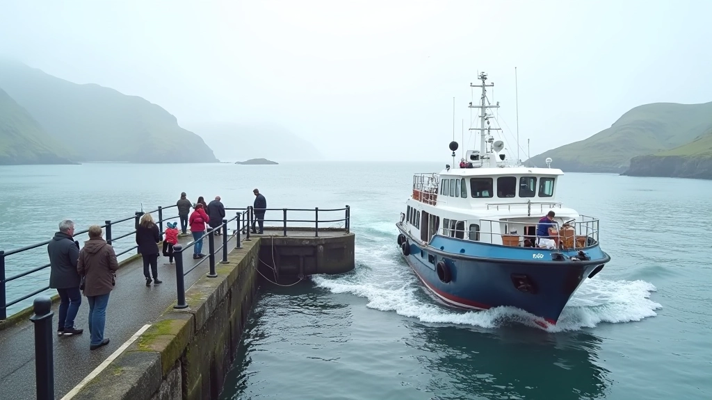 Ferry boat departing from Irish coastal dock with accessible boarding facilities and passengers