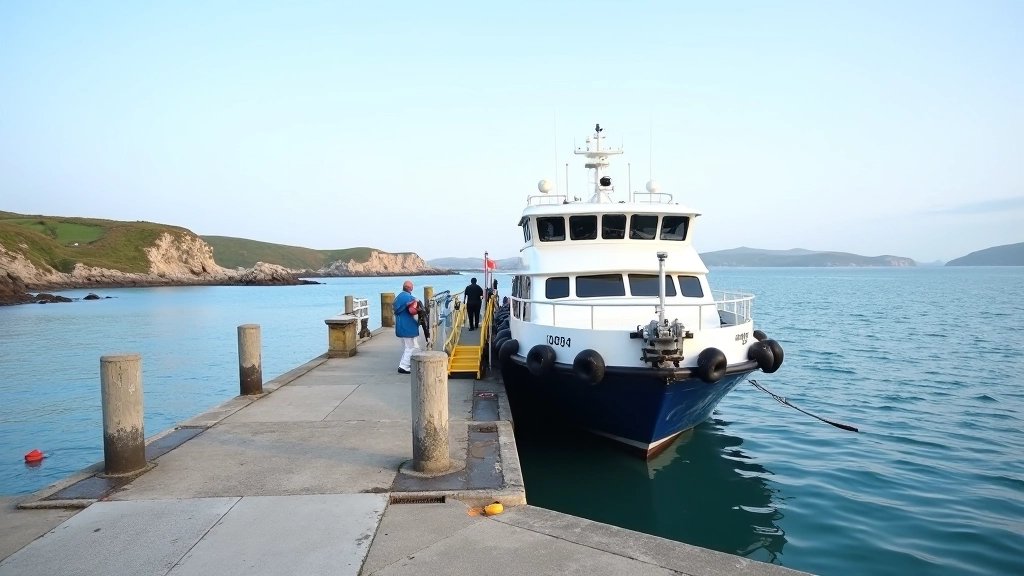 Ferry boat docked at Irish island terminal with accessibility ramp