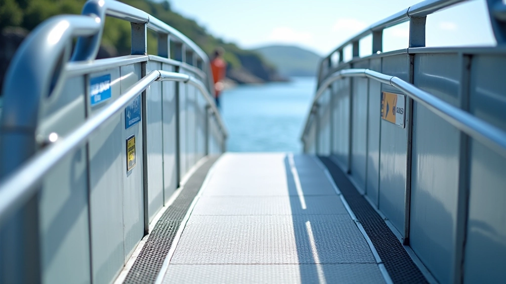Close-up view of modern ferry wheelchair access ramp with non-slip surface and sturdy metal railings