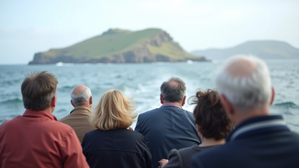 Passengers on tour boat looking toward Skellig Michael, group of visitors, ocean spray, realistic travel scene