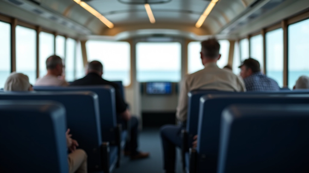Interior of peaceful ferry cabin with comfortable seating, large windows, and minimal passenger activity