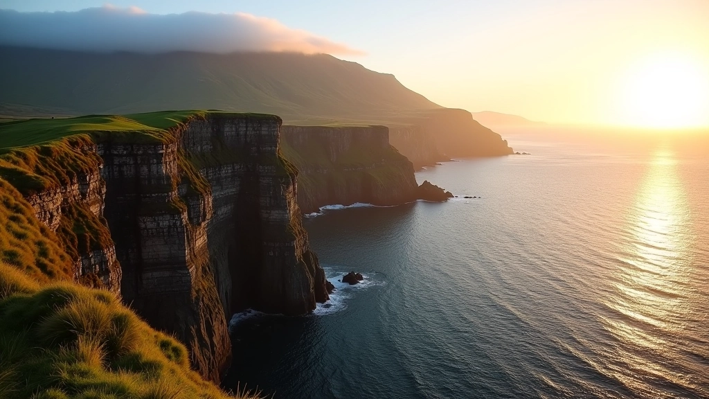 Scenic cliffs of Cape Clear Island with Atlantic Ocean vista, golden hour lighting, dramatic seascape perfect for bird watching, sharp focus