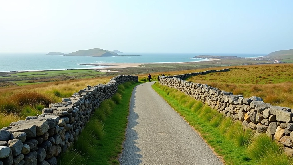 Scenic walking path through Aran Islands landscape with stone walls and coastal views