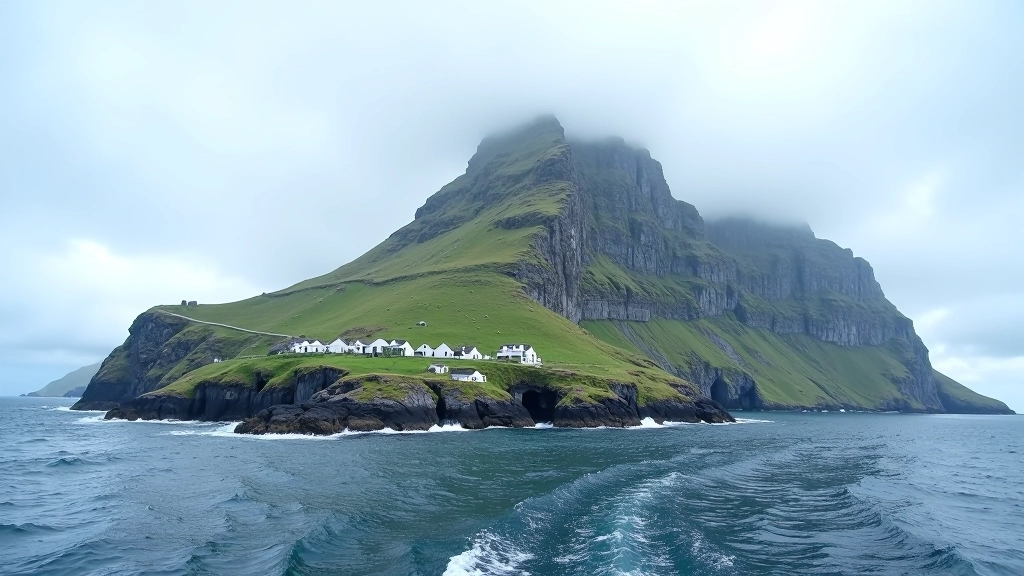 Skellig Michael island with ancient stone monastery structures visible on rocky slopes, seabirds flying, Atlantic ocean, clear day