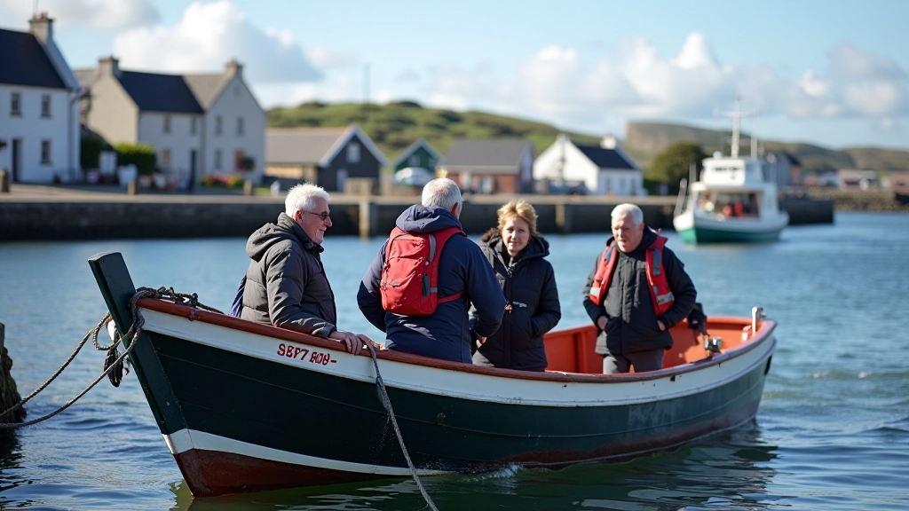 Traditional Irish tour boat with passengers boarding at Portmagee harbor, coastal village, sunny day, pier setting