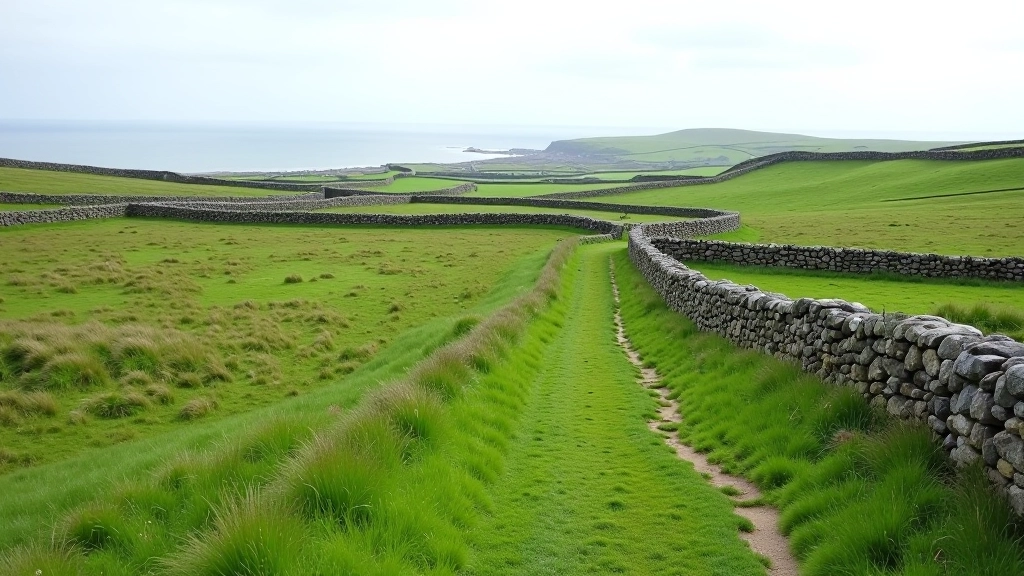 Traditional stone walls and green fields on Irish island