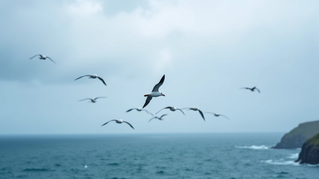 Mixed flock of seabirds in flight over Atlantic waters, dramatic sky, natural behavior captured, professional wildlife photography